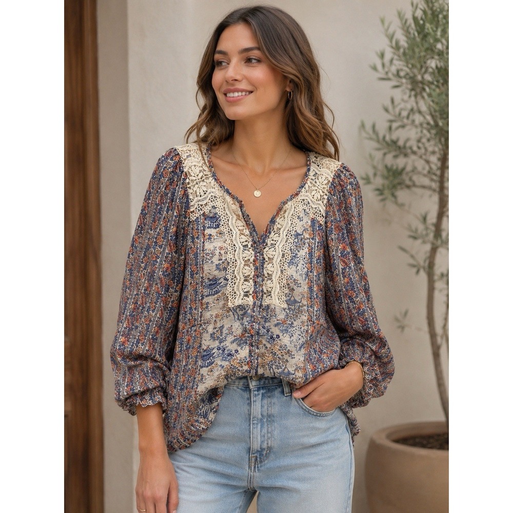 HD In Paris Anthropologie Boho Lace Floral Print Blouse Women's US 2